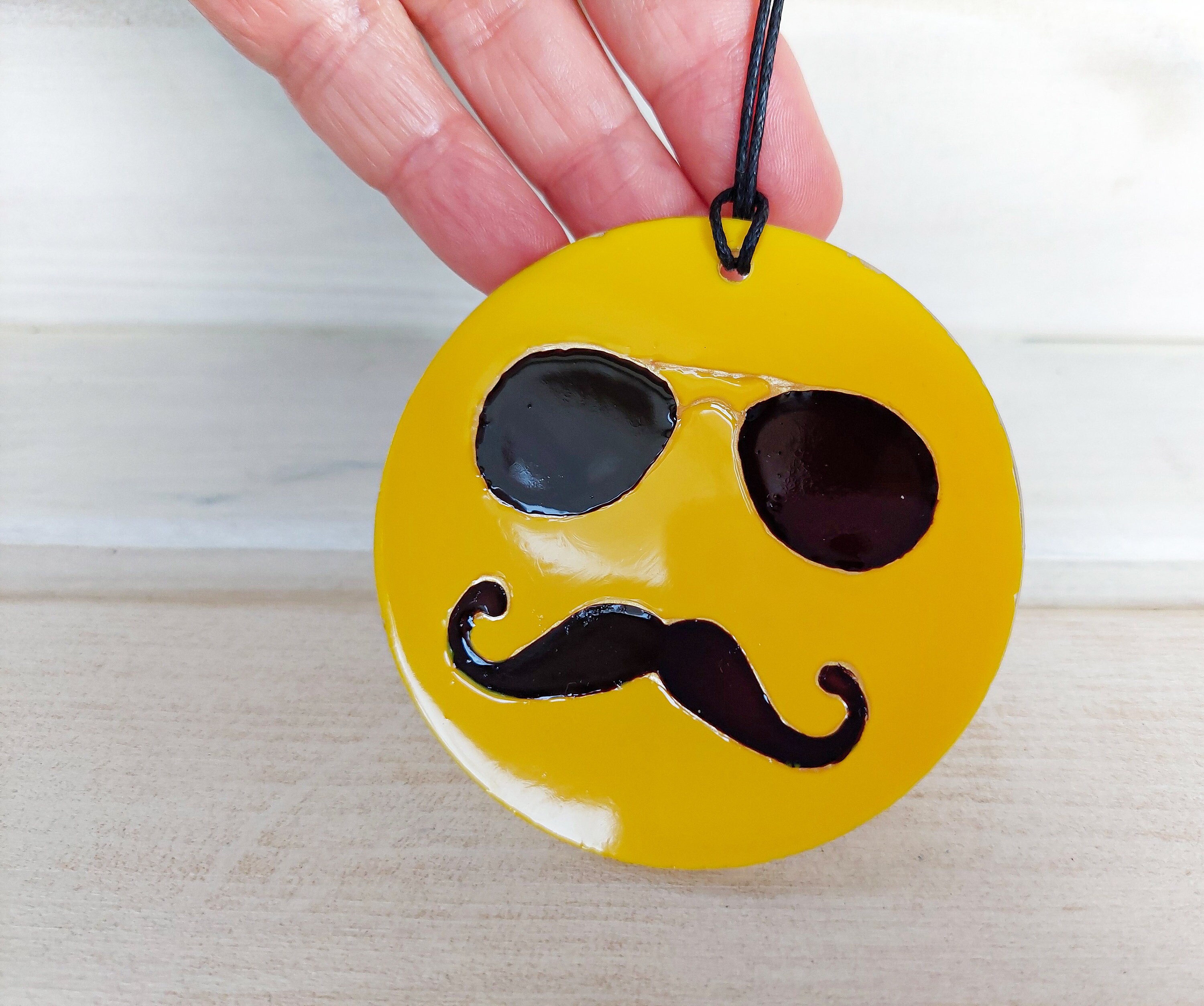 Emoji with a Mustache rear view mirror Suncatcher. Cool Etsy