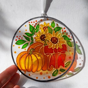 Pumpkin and Sunflower Sun catcher. Colorful Autumn Window Decor. Stained Glass Window Hanging. Hand-Painted Sun catcher. Gift for mom image 5