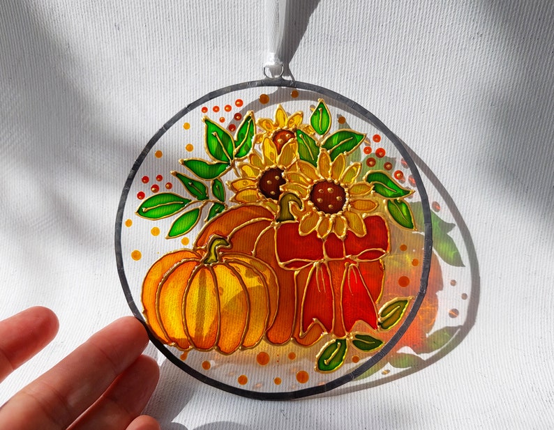 Pumpkin and Sunflower Sun catcher. Colorful Autumn Window Decor. Stained Glass Window Hanging. Hand-Painted Sun catcher. Gift for mom image 5
