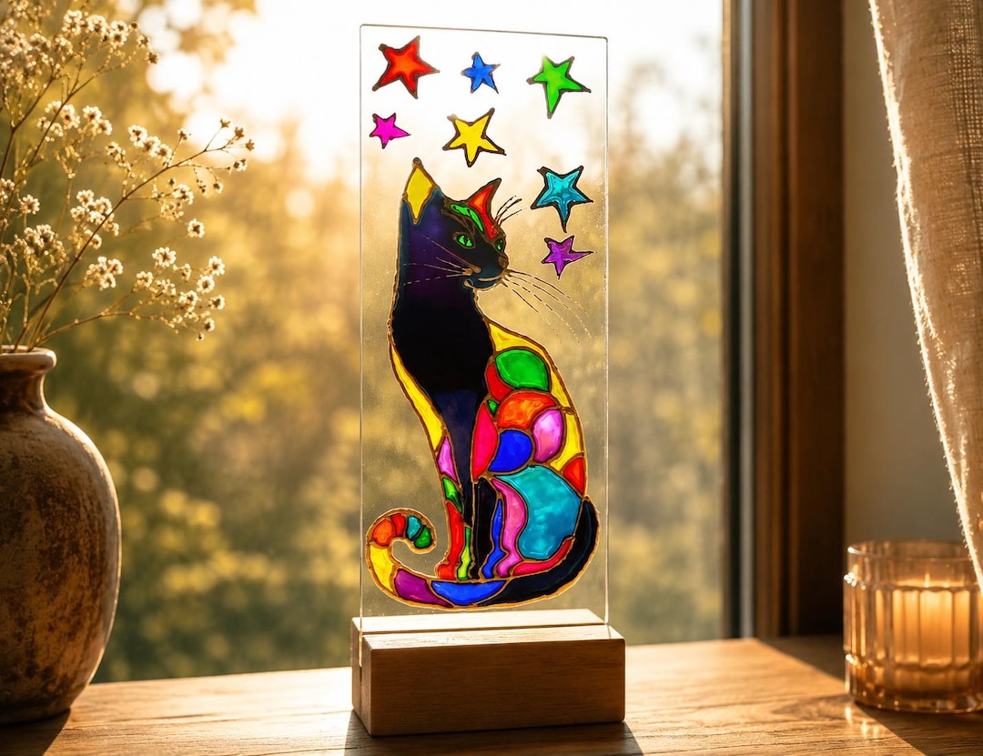 Black Cat Suncatcher, Witchy Window Decor, Hand Painted Gothic Stained ...