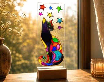 Black Cat Suncatcher, Witchy Window Decor, Hand Painted Gothic Stained Glass Hanging, Moon Cat Ornament