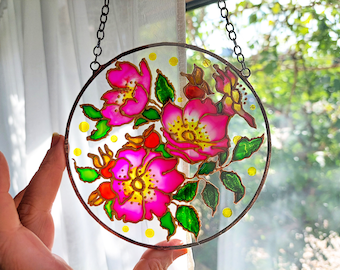 Wild Prairie Rose Sun catcher. Stained Glass Window Hanging. Hand Painted  Flowers Stained Glass. Gift for Mom
