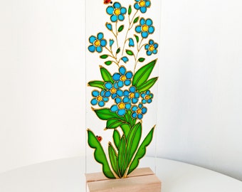 Forget-me-nots Stained Glass on a wooden stand. Texas Bluebonnet Stained Glass Hand Painted Flowers Sun catcher. Texas State Flower.