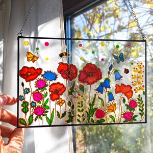 Unique Stained Glass Flowers Sun catcher with Hand painted Flowers - Bluebell, Poppies, Daisies, Clover Window Hanging. Gift for women