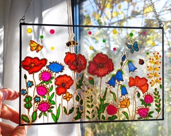 Unique Stained Glass Flowers Sun catcher with Hand painted Flowers - Bluebell, Poppies, Daisies, Clover Window Hanging. Gift for women