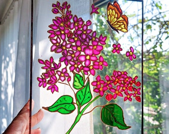 Lilac Stained Glass Sun Catcher. Hand-Painted Stained Glass Panel. Lilac Colorful Window Hanging. Unique Gift for Women