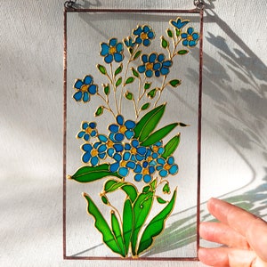 Forget-me-nots Stained Glass Painting Sun Catcher. Colorful Window Hanging. Wedding Flower Gift. Blue Wildflower Window Decor. Aquilegia Forget-me-nots