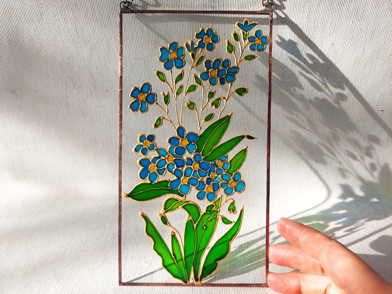 Forget-me-nots Stained Glass Painting Sun Catcher. Colorful Window Hanging. Wedding Flower Gift. Blue Wildflower Window Decor. Aquilegia Forget-me-nots