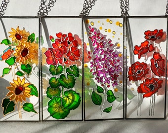 Lilac Stained Glass Hand Painting. Geranium, Poppies, Sunflowers Sun catchers. Flowers Stained Glass Window Hanging. Colorful Sun catcher