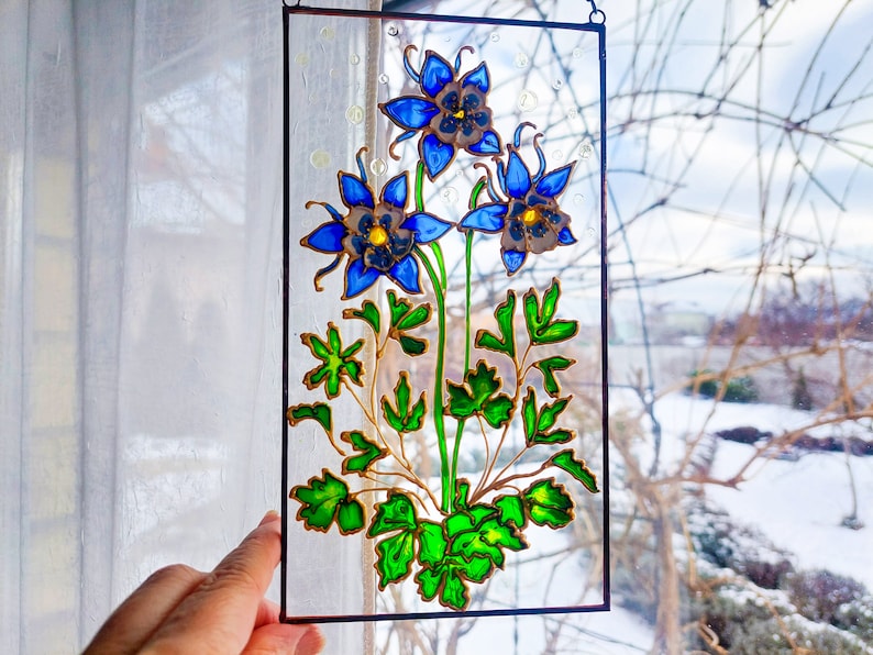 Forget-me-nots Stained Glass Painting Sun Catcher. Colorful Window Hanging. Wedding Flower Gift. Blue Wildflower Window Decor. Aquilegia image 2