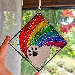 Rainbow Heart Paw Print Sun catcher. Hand Painted. Personalized Rainbow Bridge Pet memorial. Pet Loss Memorial Gift.