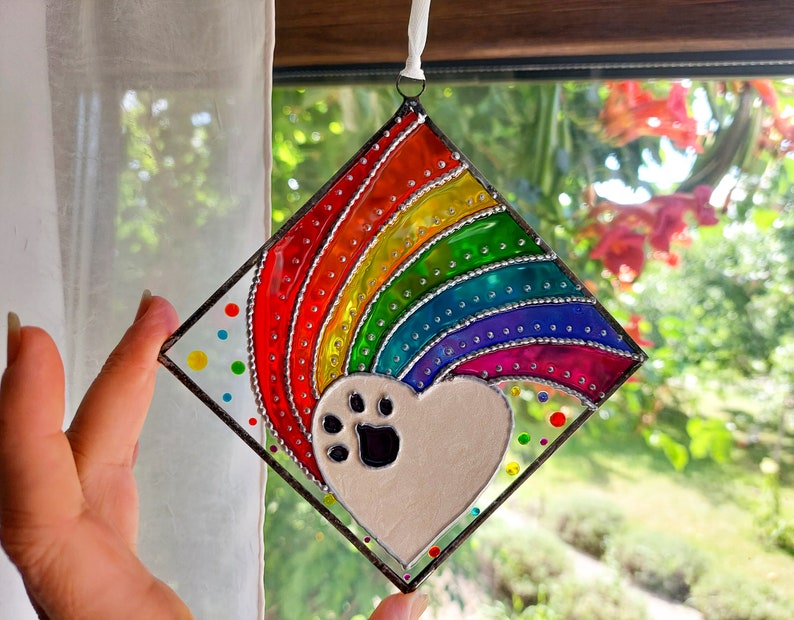 Rainbow Heart Paw Print Sun catcher. Hand Painted. Personalized Rainbow Bridge Pet memorial. Pet Loss Memorial Gift.
