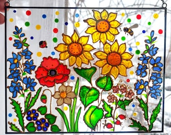 Stained Glass Window Hanging. Hand Painted Flowers Sun Catcher. Roses, Daffodils, Lavender, Sunflower . Gift for mom. Unique Window Decor