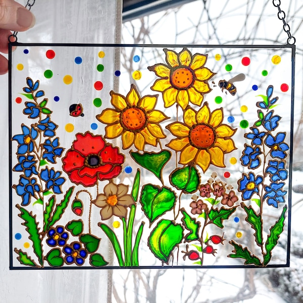 Stained Glass Window Hanging. Hand Painted Flowers Sun Catcher. Roses, Daffodils, Lavender, Sunflower . Gift for mom. Unique Window Decor