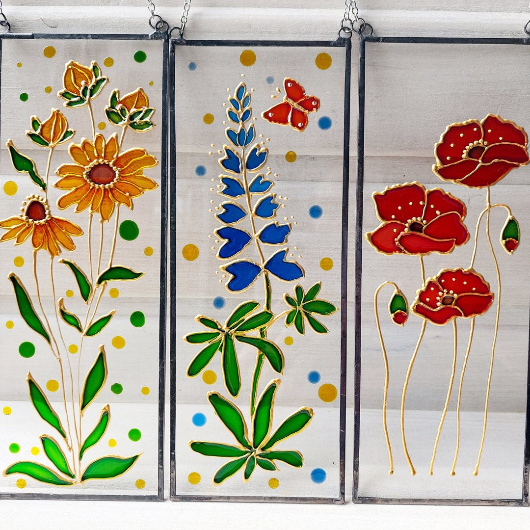 Flowers Stained Glass Window Hanging. Texas Sun Catcher. Poppies Hand Painted Glass