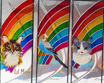 Custom Pet Portrait Memories. Personalized Rainbow Dog or Cat Memorial Portrait. Pet loss Sun catcher.  Painted Stained Glass Window Hanging