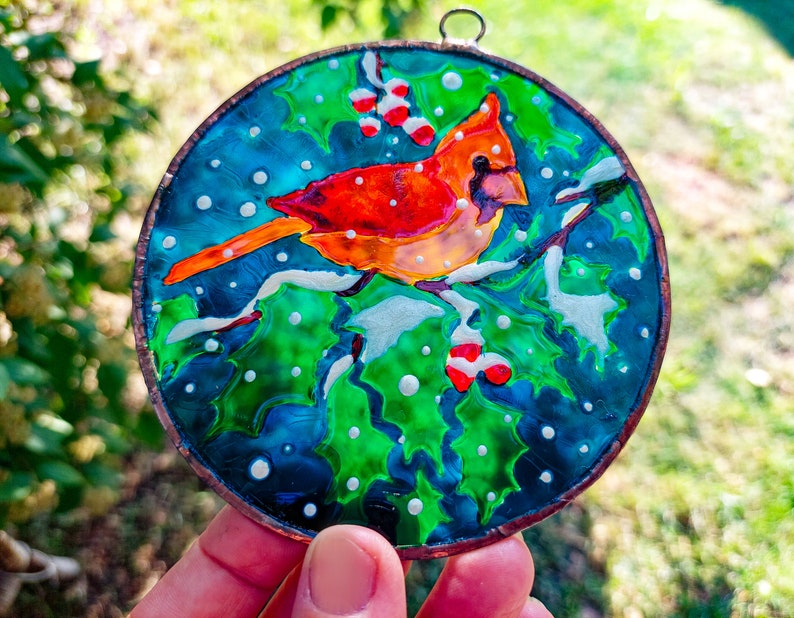 Unique Stained Glass Cardinal Sun catchers. Original Christmas Tree Decor. Personalized Christmas Ornament Set. Hand Painting Window Hanging #2