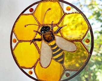 Bee Stained Glass Window Hanging. Garden Art. Unique Gift for Mom. Hand Painted Honeycomb Sun Catcher for Nature Lovers.