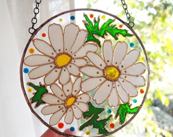 Stained Glass Daisies Window Hanging. Tulips, Sunflower Hand-painted Floral Art. Gift for Mom. Flower Sun catchers. Gift for a friend