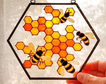 Bee Honeycomb Stained Glass Suncatcher, Hand Painted Window Hanging, Bee Lover Gift, Nature Decor, Kitchen Window Art, Honey Bee Glass