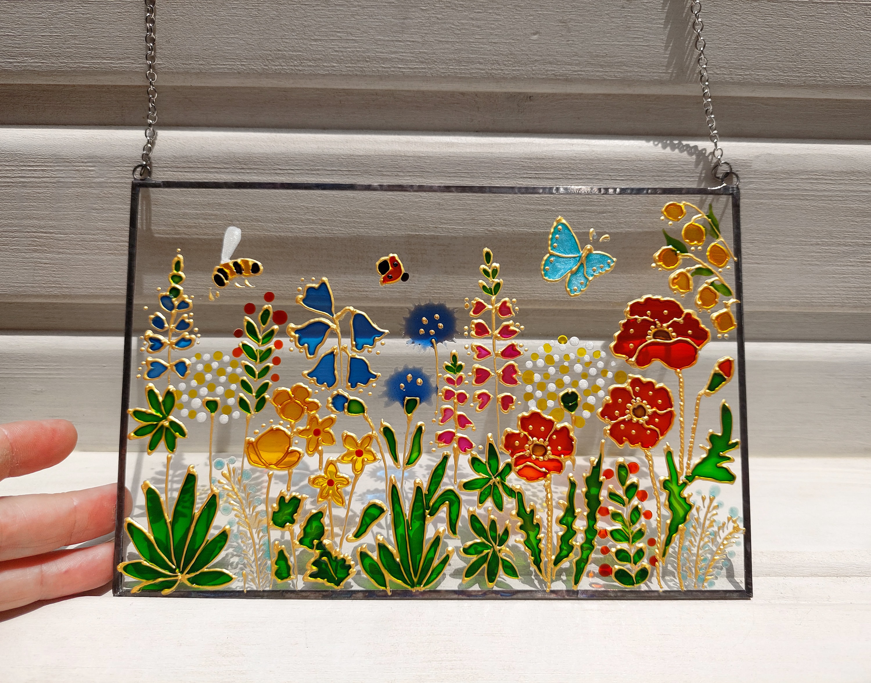 Wildflowers Sun Catcher. Hand Painting Stained Glass Window Hanging.  Botanical Glass Art. Window Modern Art. Colorful San Catcher 