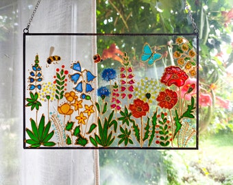 Wildflowers Sun catcher. Hand Painting Stained Glass Window hanging. Botanical Glass art. Window Modern art. Colorful San catcher