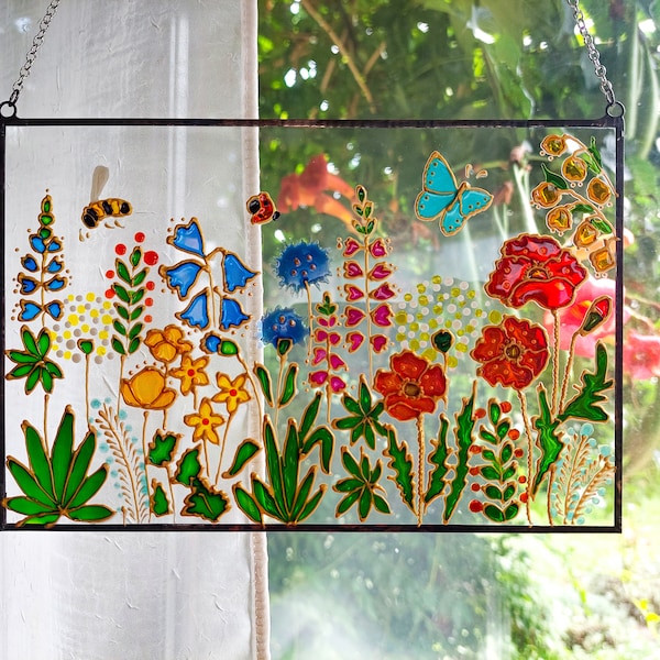 Wildflowers Sun catcher. Hand Painting Stained Glass Window hanging. Botanical Glass art. Window Modern art. Colorful San catcher