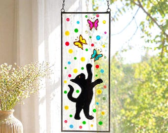 Black Cat Stained Glass Suncatcher, Lucky Cat Window Hanging, Gothic Home Decor, Cat Lover Gift, Witchy Sun Catcher, Halloween Decor