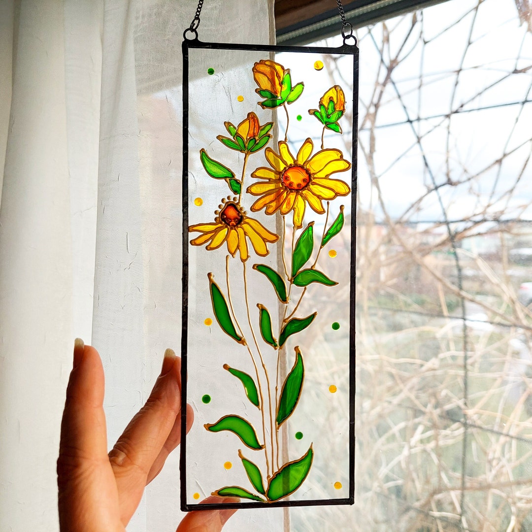 Sunflowers Stained Glass Window Hanging. Hand Painting Sunflowers Sun