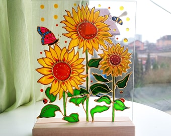 Sunflowers Stained Glass on a wooden stand. Unique gift. Hand Painting Sunflowers Window Hanging. Yellow Sun catcher. Gift for Mom.