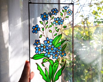 Forget-me-nots Stained Glass Painting Sun Catcher. Colorful Window Hanging. Wedding Flower Gift. Blue Wildflower Window Decor. Aquilegia