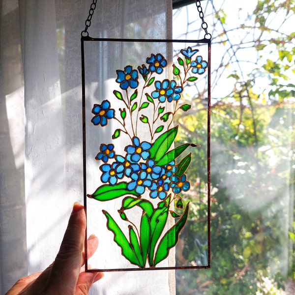 Forget-me-nots Stained Glass Painting Sun Catcher. Colorful Window Hanging. Wedding Flower Gift. Blue Wildflower Window Decor. Aquilegia