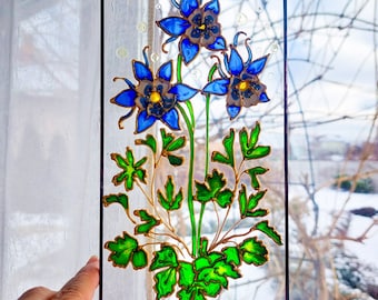 Aquilegia Stained Glass Painting Sun Catcher. Sunflowers Window Hanging. Wedding Flower Gift. Blue Forget-me-nots Wildflower Window Decor.