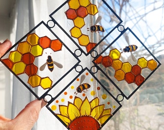 Bees and Sunflower Stained Glass Window Hanging. Hand-Painted Honey Bees Sun catcher. Glass Art for Bee Lovers. Honeycomb Sun catcher