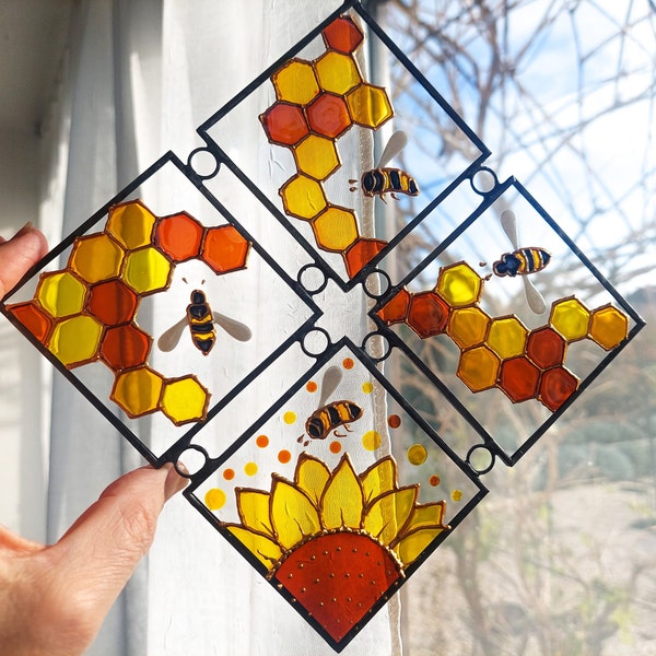 Bees and Sunflower Stained Glass Window Hanging. Hand-Painted Honey Bees Sun catcher. Glass Art for Bee Lovers. Honeycomb Sun catcher