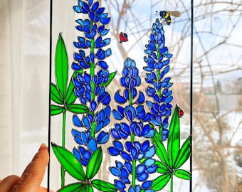 Bluebonnet Stained Glass Suncatcher, Texas Wildflower Window Hanging, Hand-Painted Botanical Glass Art, Texas State Flower Gift