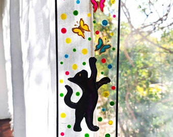 Unique Black Cat Sun catcher. Hand Painted Stained Glass for Cat Lovers. Mom Gift. Lucky Cat Window Hanging. Cat and butterflies