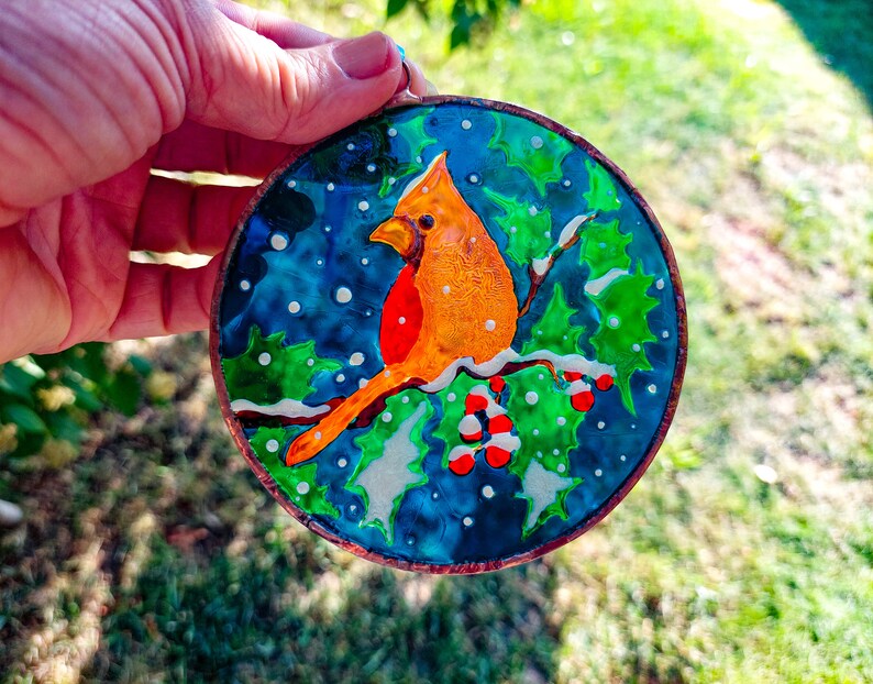 Unique Stained Glass Cardinal Sun catchers. Original Christmas Tree Decor. Personalized Christmas Ornament Set. Hand Painting Window Hanging #3