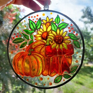 Pumpkin and Sunflower Sun catcher. Colorful Autumn Window Decor. Stained Glass Window Hanging. Hand-Painted Sun catcher. Gift for mom Bild 9