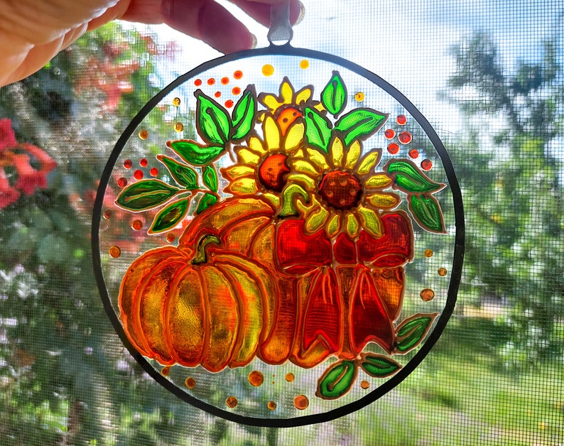 Pumpkin and Sunflower Sun catcher. Colorful Autumn Window Decor. Stained Glass Window Hanging. Hand-Painted Sun catcher. Gift for mom Bild 9