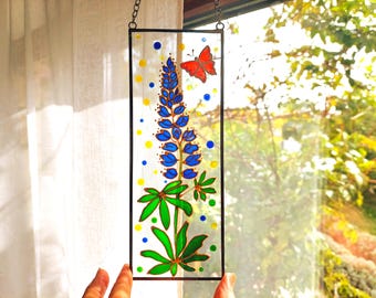 Atrapasueños de vidrieras con flores silvestres, adorno floral pintado a mano para ventana, regalo para ella, regalo para mamá, decoración floral para el hogar, arte botánico.