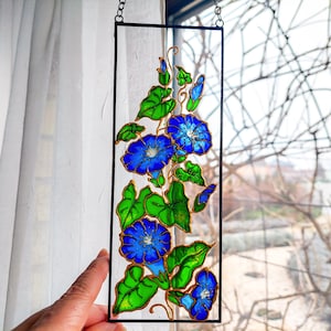 Morning Glory Stained Glass. Hand Painted Sun catcher. Flowers Window Hanging. Blue Sun Catcher. Gift for Mom. Wedding Gift