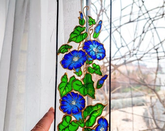 Morning Glory Stained Glass. Hand Painted Sun catcher. Flowers Window Hanging. Blue Sun Catcher. Gift for Mom. Wedding Gift