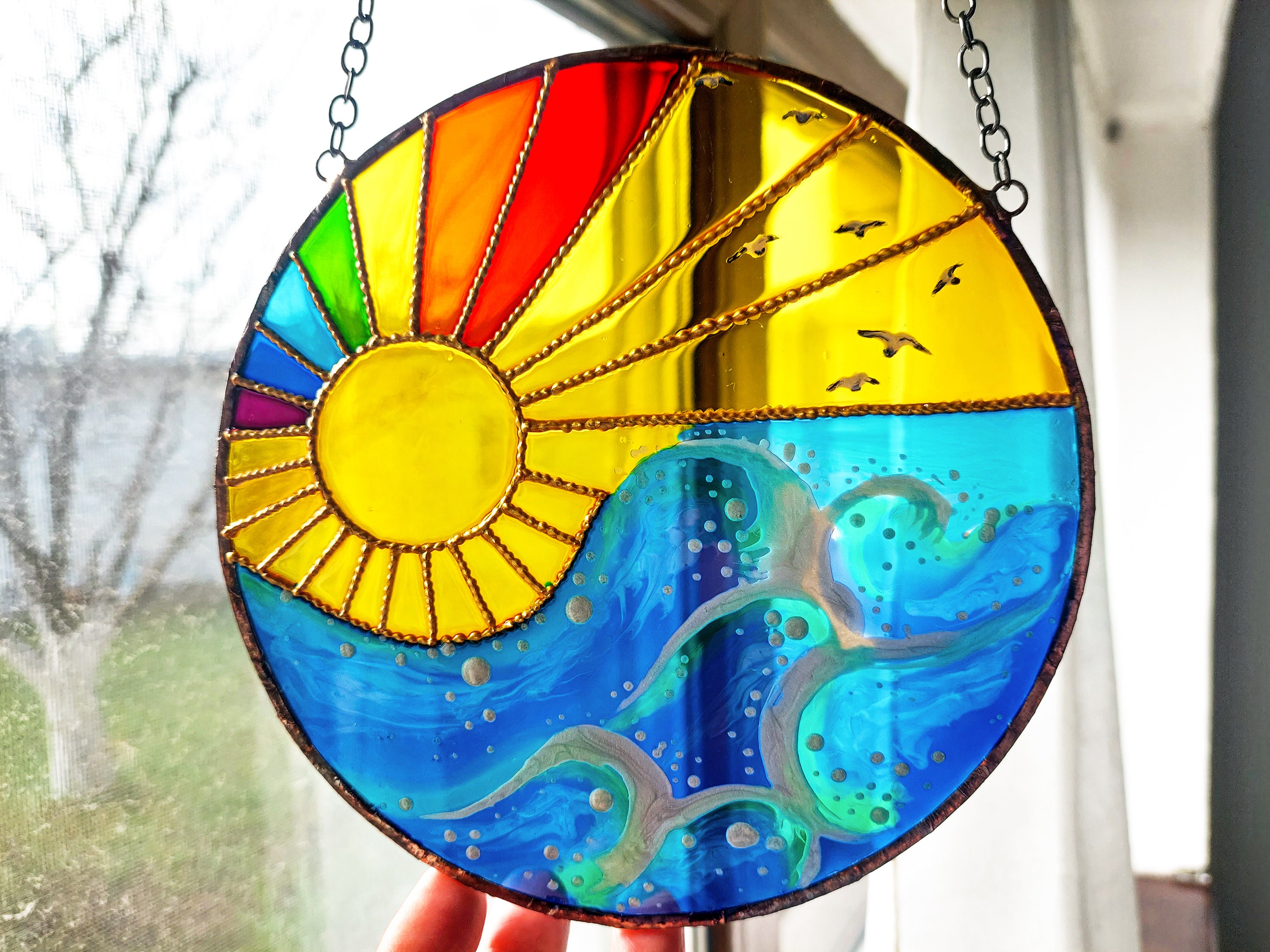 Moon and Sun Over Water Round Stained Glass Panel, Suncatcher, Custom