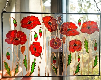 Hand Painted Poppies Sun Catcher. Meadow Wildflowers Vibrant Stained Glass Window Hanging. Modern art. Vitray. Botanical glass art
