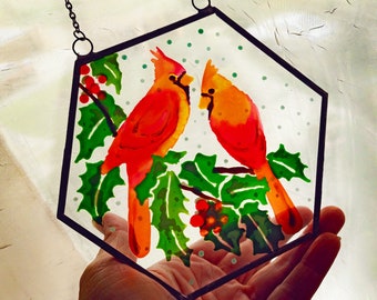 Pair of Hand-Painted Red Cardinals Christmas Stained Glass Window Hanging. Cardinal Sun catcher. Christmas Gift for bird lovers