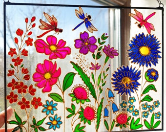 Wildflowers Stained Glass Window Hanging. Hand Painted Flowers Sun Catcher. Unique Gift for Mom. Colorful Windows Stained Glass Decor.