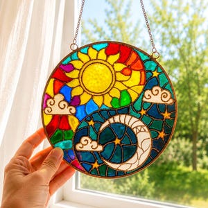 Sun and Moon Stained Glass Suncatcher, Hand Painted Celestial Window Hanging, Boho Sun Catcher, Yin Yang Sun Moon Decor, Spiritual Gift