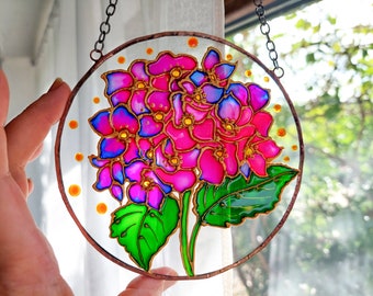 Hand painted Hydrangea Sun catcher. Stunning Stained Glass Window Hanging. Stained glass painting.  Flowers Stained Glass Panel.