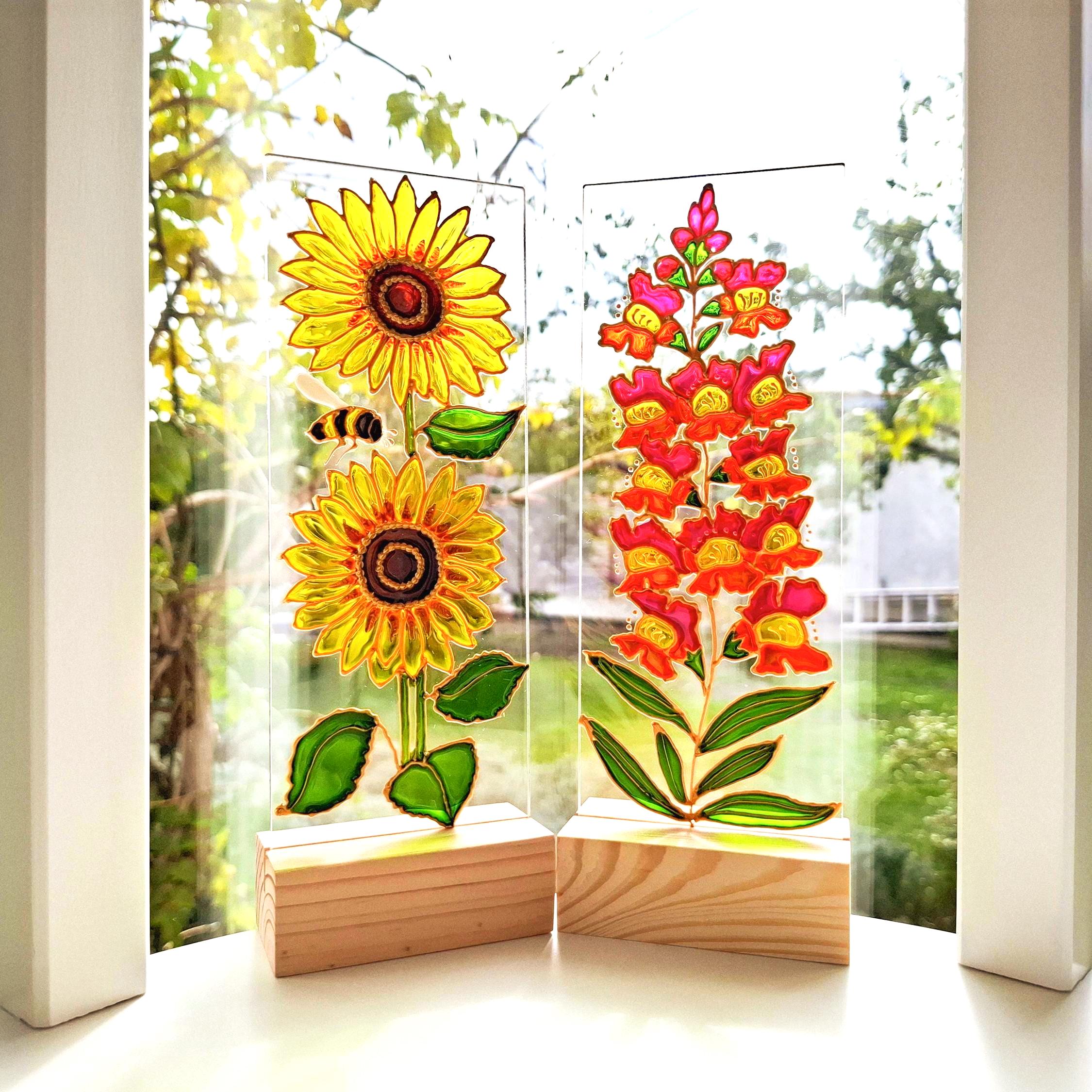 Hand Painted Stained Glass Flower Suncatcher, Floral Window
